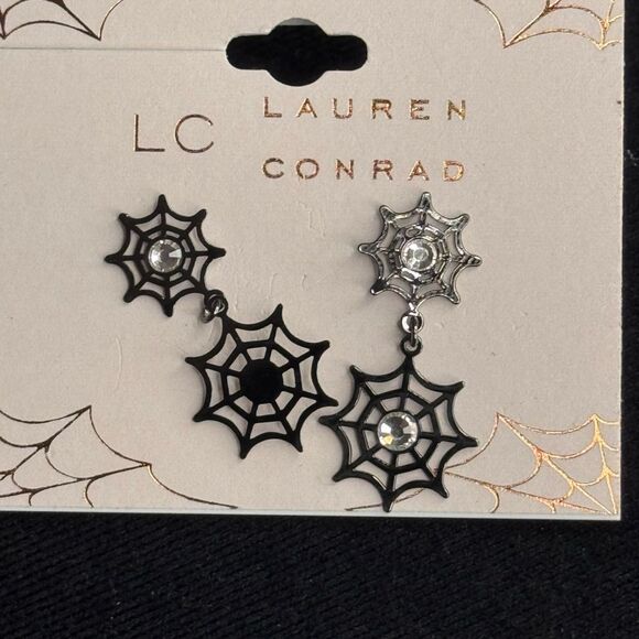 LC Lauren Conrad Black Sparkly Spiderweb Statement Earrings 1 inch - Picture 4 of 5